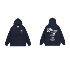 Stussy Navy Zip Up Hoodie Logo Streetwear Sweatshirt
