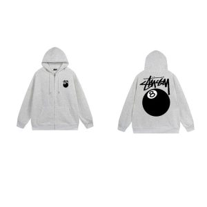 Stussy 8 Ball Grey Zip Up Hoodie Men Grey