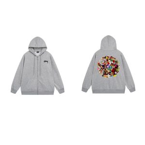 Stussy Grey Zip-Up Hoodie Floral Back Print