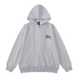 Stussy Grey Zip Up Hoodie Logo Streetwear Jacket