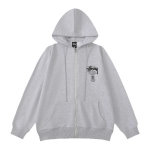 Stussy Gray Zip Up Logo Hoodie Streetwear Sweatshirt