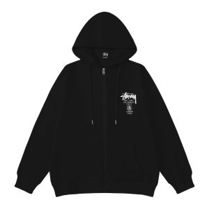 Stussy World Tour Black Zip Up Hoodie Mens Streetwear