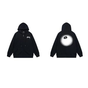 Stussy 8 Ball Black Zip Up Hoodie Streetwear Jacket
