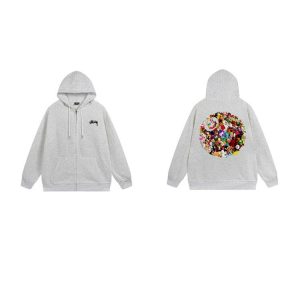 Stussy Grey Zip Hoodie Floral Back Graphic Sweatshirt