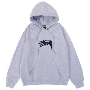 Stussy Grey Logo Pullover Hoodie Streetwear Sweatshirt