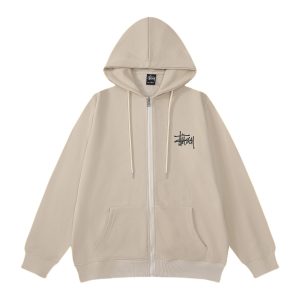 Stussy Beige Zip-Up Logo Hoodie Streetwear Jacket