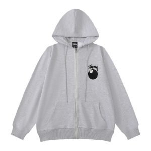 Stussy 8 Ball Grey Zip Up Hoodie