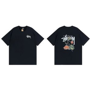 Stussy Black Floral Logo Graphic Short Sleeve T-Shirt
