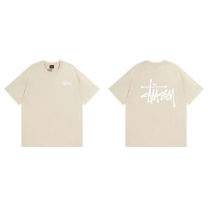Stussy Logo Beige Short Sleeve T-Shirt Casual Streetwear