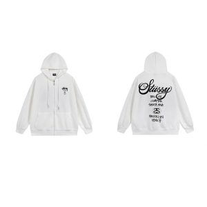 Stussy White Zip Up Hoodie Graphic Logo Sweatshirt