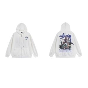 Stussy White Graphic Zip Up Hoodie for Men