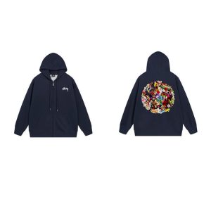 Stussy Navy Zip Hoodie Floral Back Graphic Sweatshirt