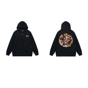 Stussy Black Zip Hoodie Colorful Back Graphic Sweatshirt