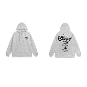 Stussy Grey Zip Up Hoodie Streetwear Sweatshirt