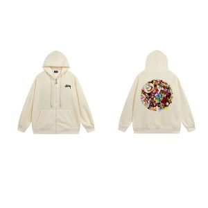 Stussy Cream Zip Hoodie Floral Back Graphic Sweatshirt