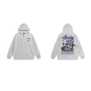 Stussy Gray Zip Up Graphic Hoodie Streetwear Sweatshirt