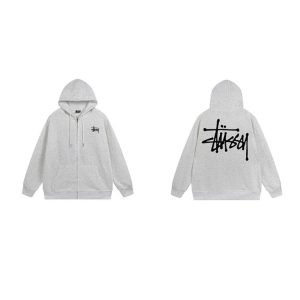 Stussy Gray Zip Up Hoodie Men’s Streetwear Sweatshirt