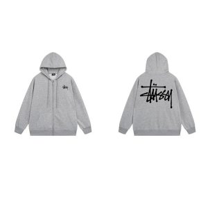 Stussy Grey Zip Up Logo Hoodie Streetwear Jacket