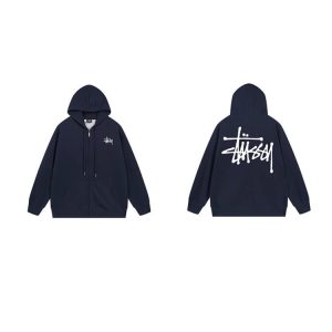 Stussy Navy Zip Up Logo Hoodie Streetwear Jacket