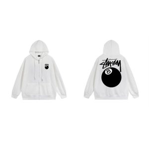 Stussy 8 Ball White Zip Up Hoodie Streetwear Jacket