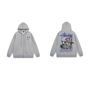 Stussy Grey Zip Up Graphic Hoodie Streetwear Sweatshirt