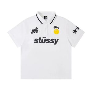 Stussy White Logo Graphic Polo Shirt Men