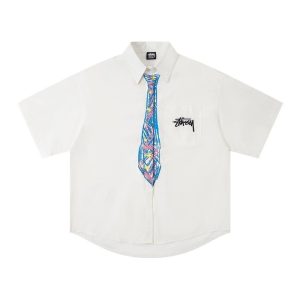 Stussy White Short Sleeve Tie Print Button Shirt