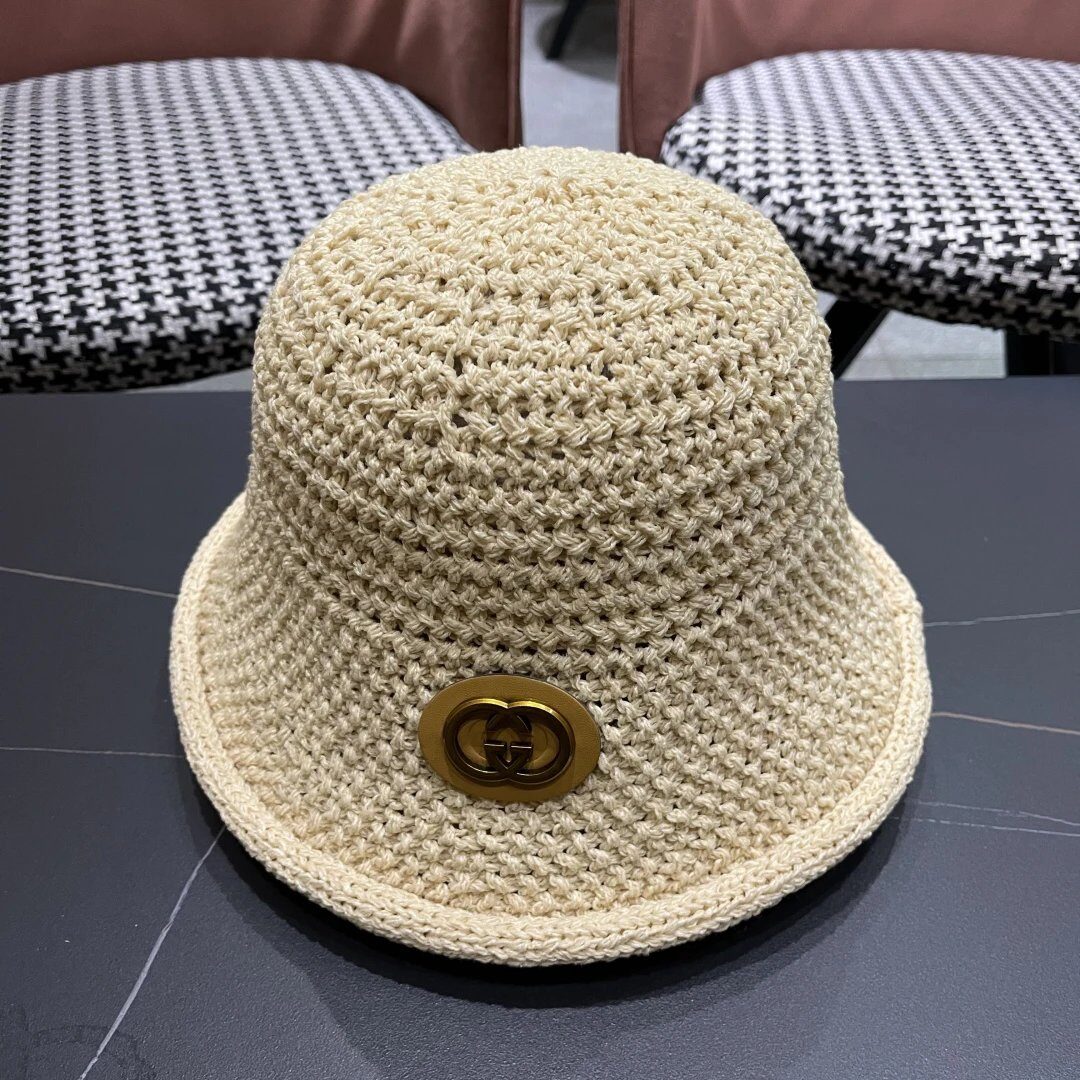 Gucci Beige Crochet Straw Bucket Hat Summer Cap