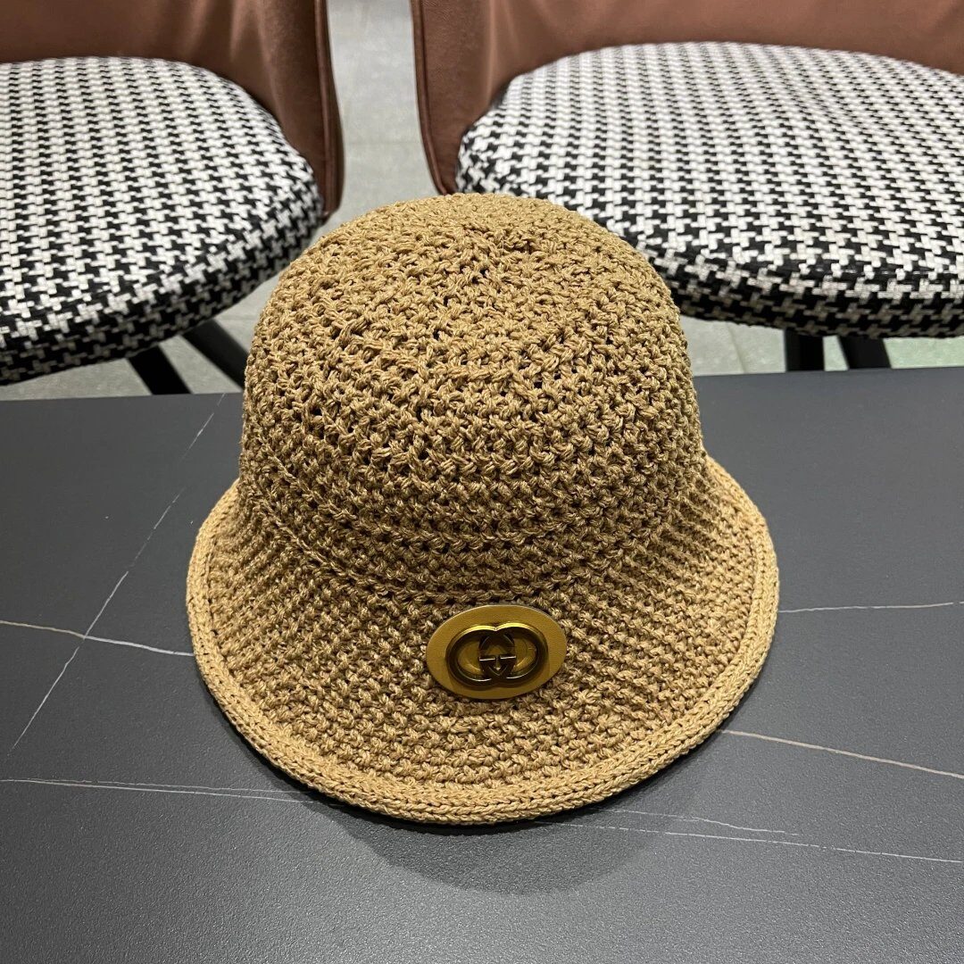 Gucci GG Logo Straw Crochet Bucket Hat Women