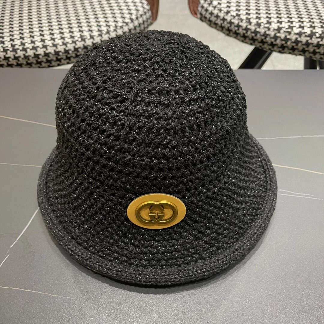 Gucci Black Woven Bucket Hat Gold Logo