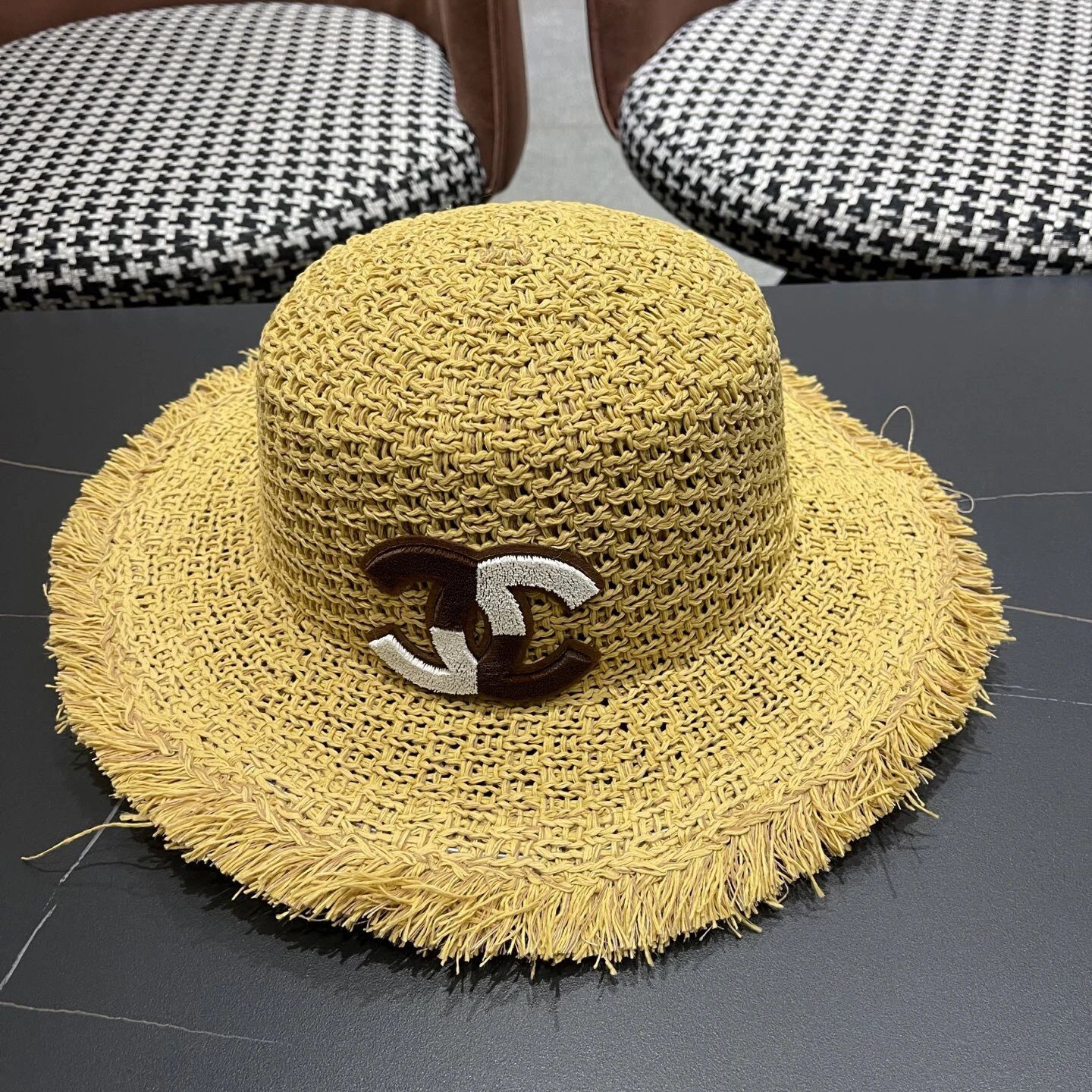 Chanel Logo Straw Bucket Hat Yellow Fringe Summer
