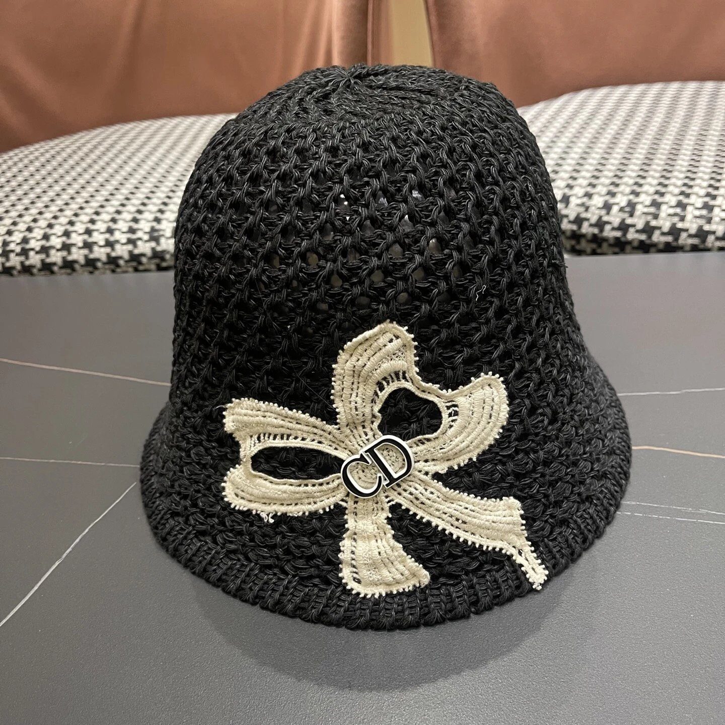 Dior Black Crochet Bucket Hat with Floral Logo