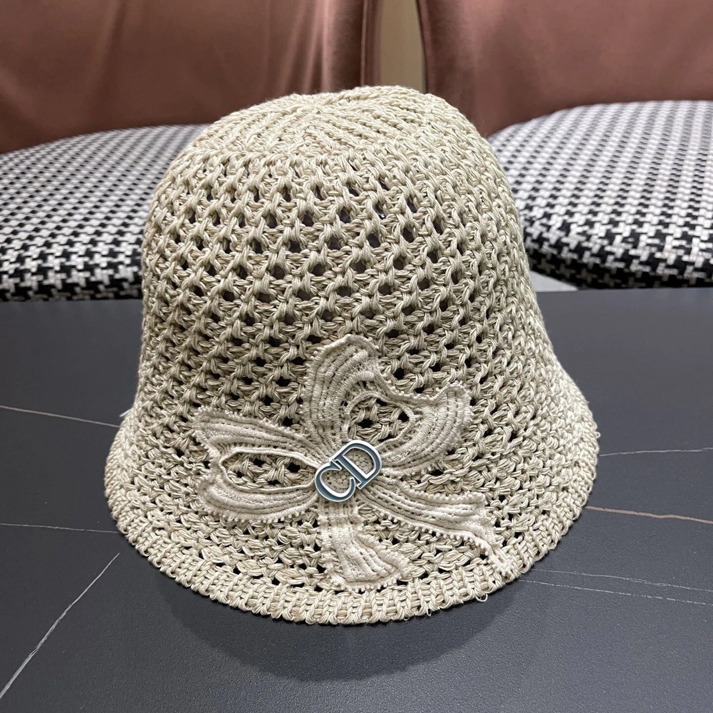 Dior Beige Crochet Straw Bucket Hat Summer Sun Cap