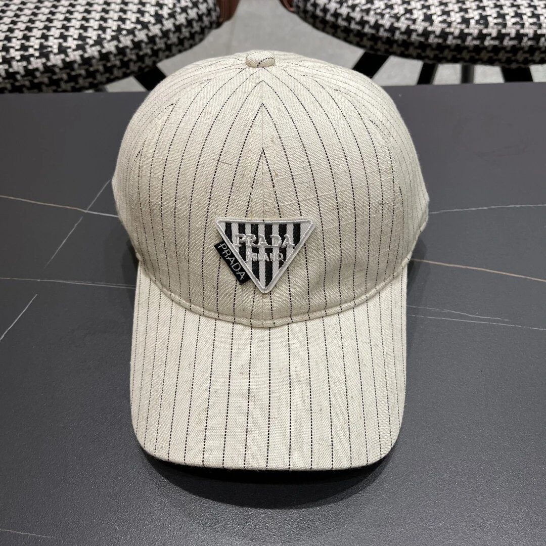 Prada Triangle Logo Striped Beige Baseball Cap