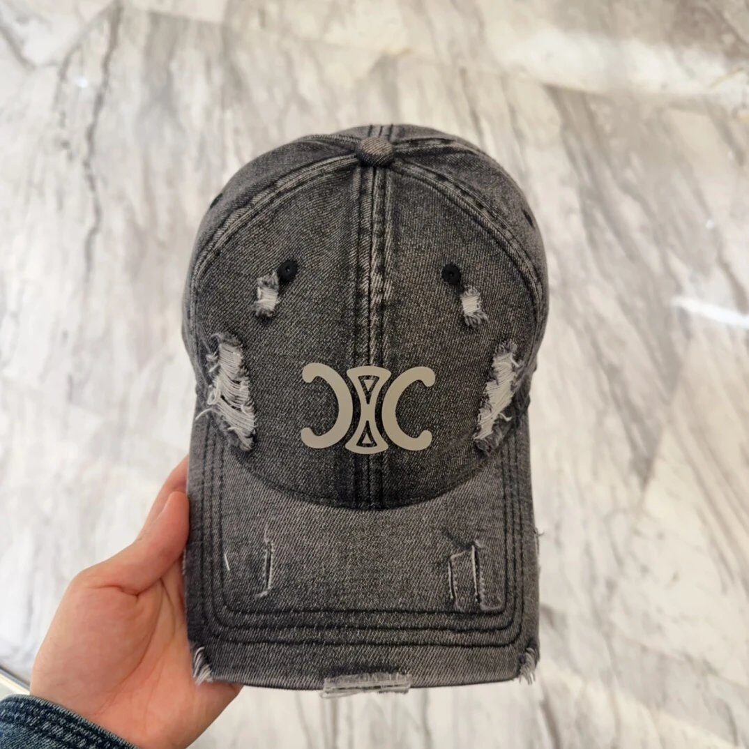Celine Washed Denim Distressed Baseball Cap Dark Gray