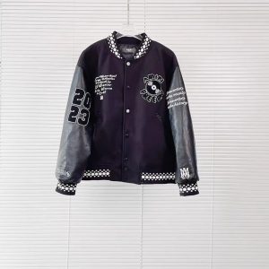 Amiri Black Varsity Jacket Leather Sleeve Embroidered Coat