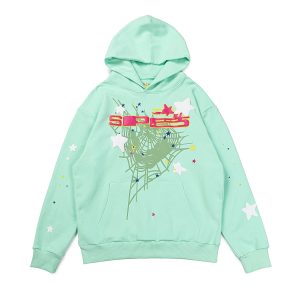 Sp5der Mint Green Graphic Print Pullover Hoodie