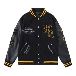 AMIRI Black Leather Sleeve Varsity Bomber Jacket