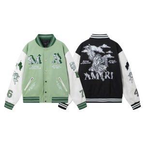 Amiri Green Black Graphic Varsity Jacket Mens Streetwear
