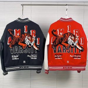 Amiri Tiger Varsity Jacket Red Black Leather Sleeves