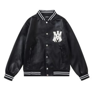 Amiri Black Leather Varsity Jacket Monogram Logo