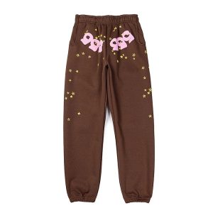 Sp5der Brown Star Print Sweatpants Pink Logo Joggers