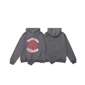 Sp5der Gray Graphic Pullover Hoodie for Men Women