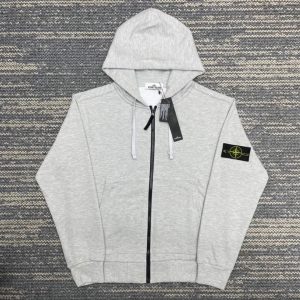 Stone Island Grey Zip Up Logo Patch Hoodie