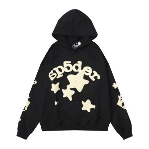 Sp5der Black Star Print Oversized Pullover Hoodie