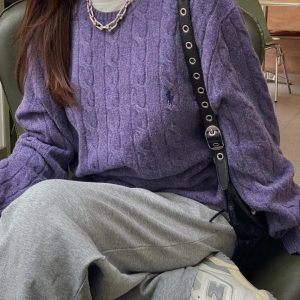 Ralph Lauren Purple Cable Knit Crewneck Sweater