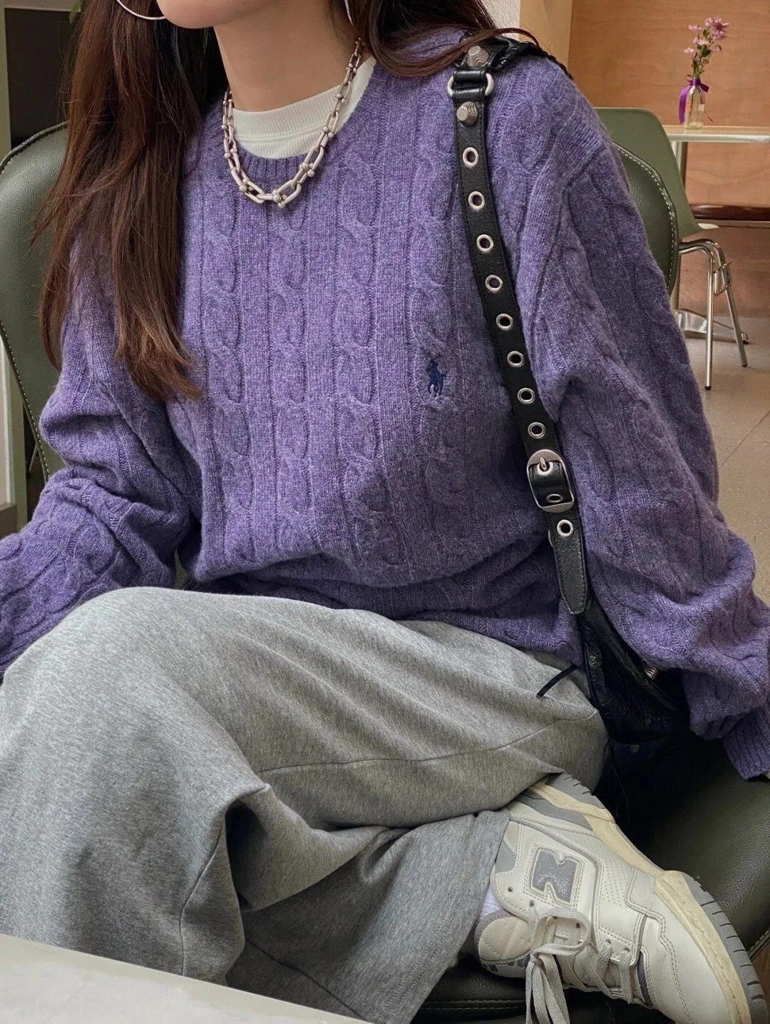 Ralph Lauren Purple Cable Knit Crewneck Sweater - Buy at OopBuy