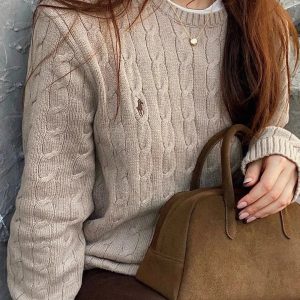 Ralph Lauren Women’s Beige Cable Knit Crewneck Sweater