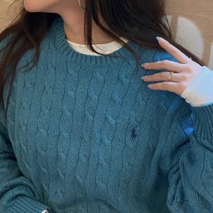 Ralph Lauren Women’s Blue Cable Knit Crewneck Sweater