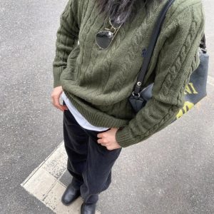 Ralph Lauren Olive Green Cable Knit Crewneck Sweater